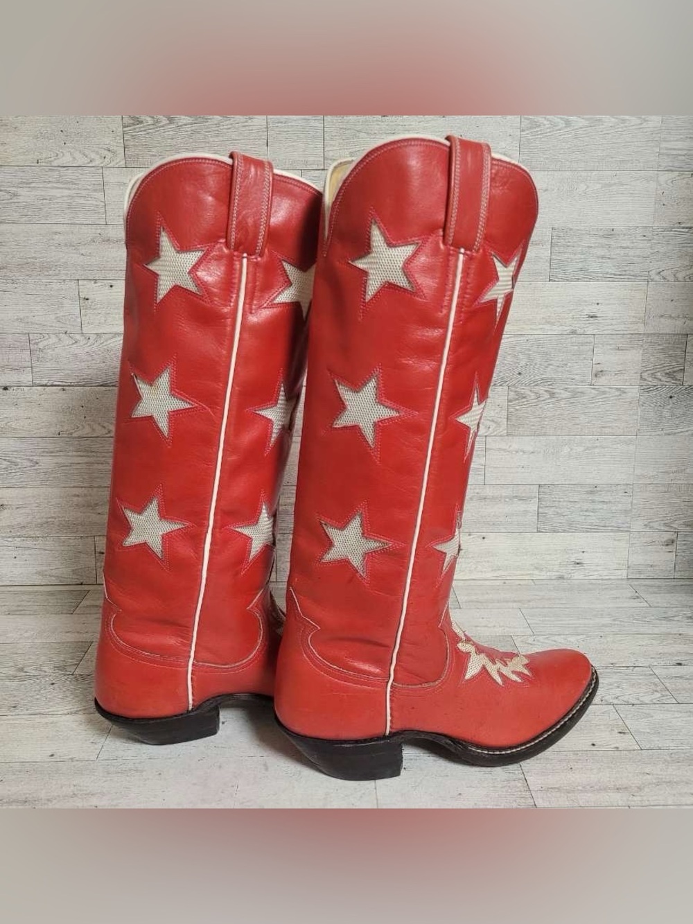 Women’s Custom Red Leather Star Inlay Patriotic Tall Rodeo Cowboy Boots Size 6 - Picture 7 of 14